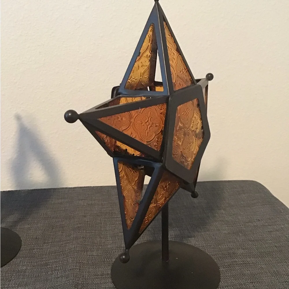 Moravian Stamped Glass Star Shaped Tea Light Candle Holder Set (2) Amber/Orange